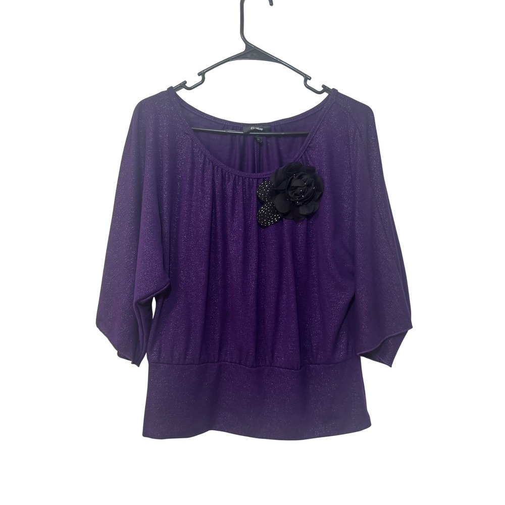 Y2K B. Wear Purple Sparkle Blouse XL Flower Applique Party Top Women's